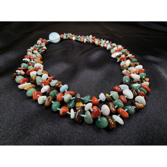 Natural Stones Multicolor Beaded Necklace With Jade Button Clasp - Picture 1 of 5